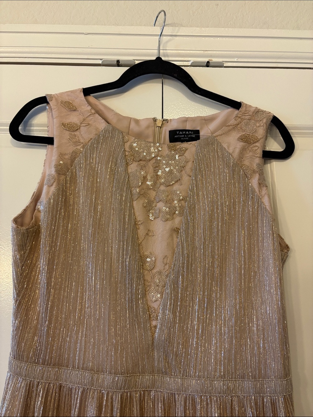 Tahari Gold Metallic Midi Dress with Sheer Embellished Yoke - Picture 3 of 5